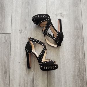 Prada Black Studded Suede Crossover Strap Platform Sandal Heels Peeptoe Pump 35